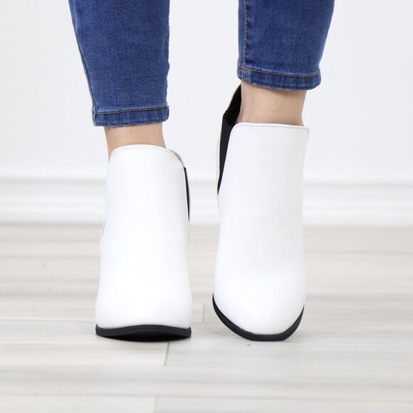 Chelsea Cone High Heel Ankle Boots White Synthetic Leather Pointed Toe - Picture 9 of 12